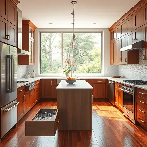 Modern remodeled kitchen in Mount Rainier MD with quartz countertops stainless steel appliances wooden cabinets marble island pendant lighting and large windows