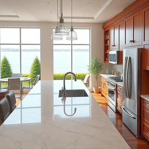 Newly remodeled Annapolis kitchen with granite countertops, stainless steel appliances, custom cabinetry, and lush garden views.