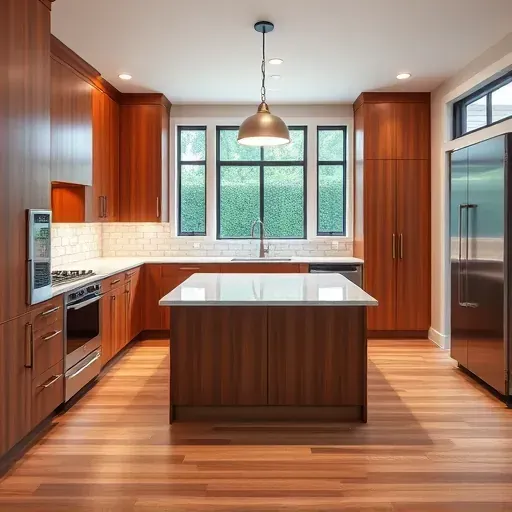 Freshly remodeled kitchen in Riverdale Park MD with modern design, warm wood cabinetry, granite countertops, and natural light.