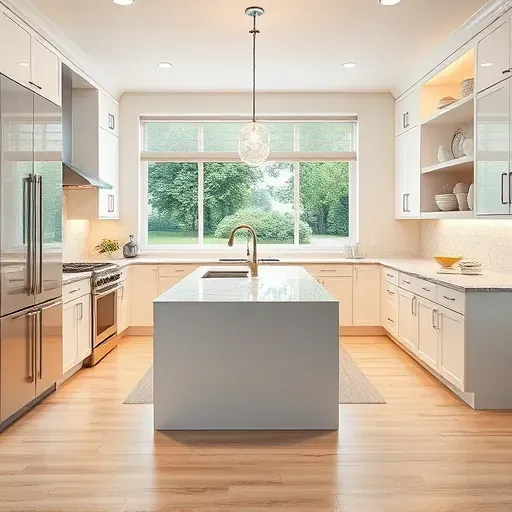 Renovated Alexandria VA kitchen with white glossy cabinets stainless steel appliances marble countertop island and landscaped backyard view