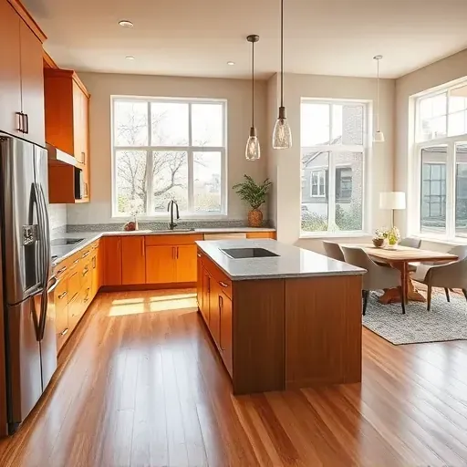 Modern kitchen in Mount Rainier MD with oak cabinetry, granite countertop, and natural light creating a warm ambiance.