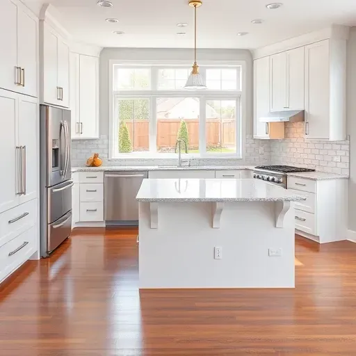 Remodeled Forestville MD kitchen with white cabinets, granite island, stainless appliances, subway tile backsplash, hardwood floors and backyard view