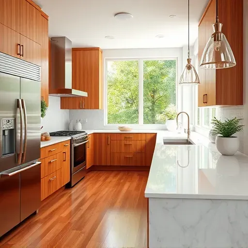 Renovated Greenbelt MD kitchen with modern wood cabinets stainless steel appliances quartz countertops marble island pendant lights lush outdoor view hardwood flooring