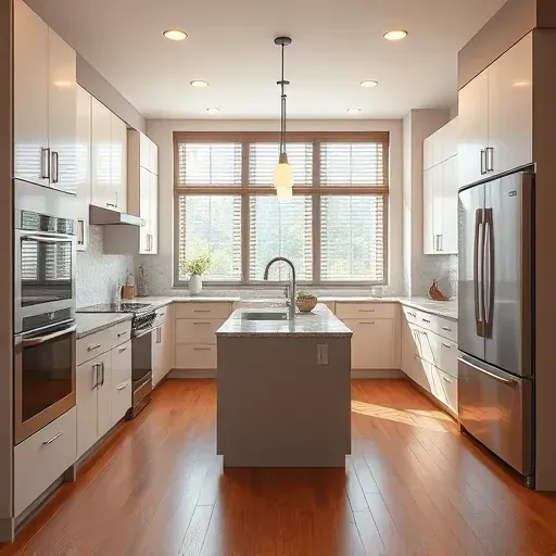 Renovated modern kitchen in Lanham Maryland with matte cabinets granite countertops stainless steel appliances hardwood flooring and large daylight-filled windows