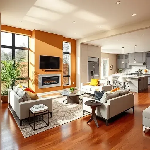 Contemporary living room in Arlington VA with modern furniture, vibrant accents, and polished hardwood floors.