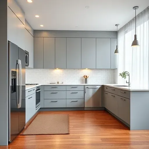 Renovated modern kitchen in Fort Washington MD with gray cabinetry quartz countertops stainless appliances and hardwood floor