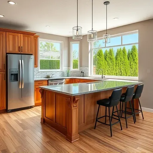 Completed modern kitchen in Beltsville Maryland with granite countertops, custom wood cabinetry, stainless steel appliances, hardwood floors, and large windows overlooking a lush backyard