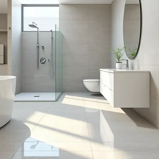 Recently finished modern bathroom in Hyattsville MD with gray ceramic tiles, glass shower, sleek vanity, and natural light