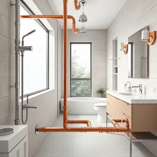 Finished bathroom plumbing with copper pipes, modern fixtures, stainless steel fittings, and sleek contemporary design