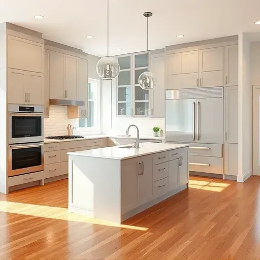 Recently remodeled modern Laurel kitchen with matte cabinets marble island subway tile backsplash stainless appliances hardwood floors and natural light