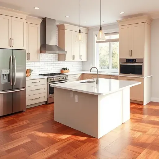 Renovated Mclean VA kitchen with modern matte cabinetry, marble island, stainless appliances, subway tiles, hardwood floors, and natural light