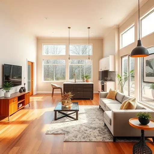 Remodeled living space in Largo MD with neutral walls, modern furniture, natural light, and stylish kitchen finishes.