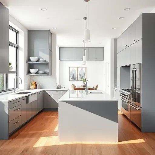 Renovated modern kitchen in Suitland MD with matte cabinetry stainless steel appliances quartz island natural light hardwood floors