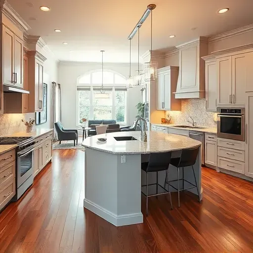 Modern kitchen remodel in Temple Hills MD features sleek cabinetry, elegant lighting, and polished hardwood floors.