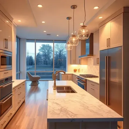 Modern Hyattsville kitchen with upgraded lighting fixtures, sleek cabinetry, marble countertops, stainless appliances, and natural light.