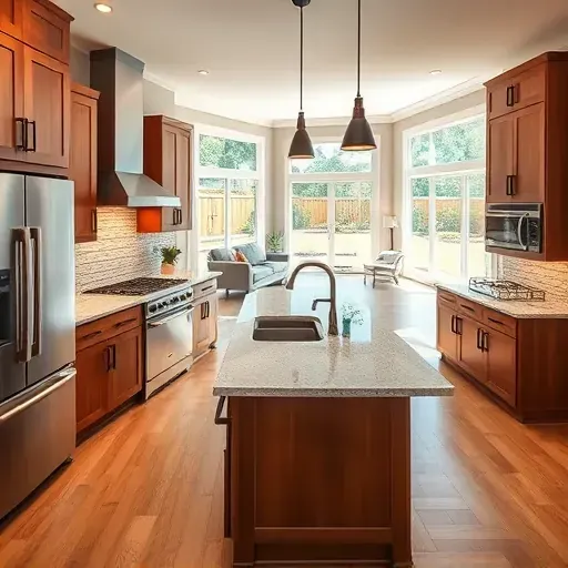 Renovated Crofton MD kitchen with modern black cabinetry, granite island, stainless steel appliances, and bright open living area