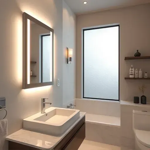 Modern upscale bathroom in Hyattsville MD with LED vanity mirror, ambient lighting, elegant tile, marble countertop, frosted window
