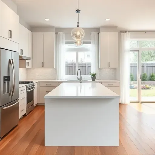 Remodeled Hyattsville kitchen with sleek matte cabinetry, stainless steel appliances, quartz island, subway tile backsplash, hardwood floors, and large window flooding natural light