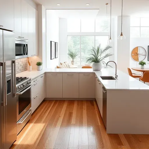 Remodeled Hyattsville MD kitchen with matte cabinets stainless steel appliances quartz countertops hardwood floors large windows