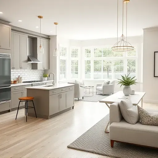 Modern kitchen remodeling in Riverdale Park MD features gray cabinetry, quartz countertops, and stylish pendant lights.