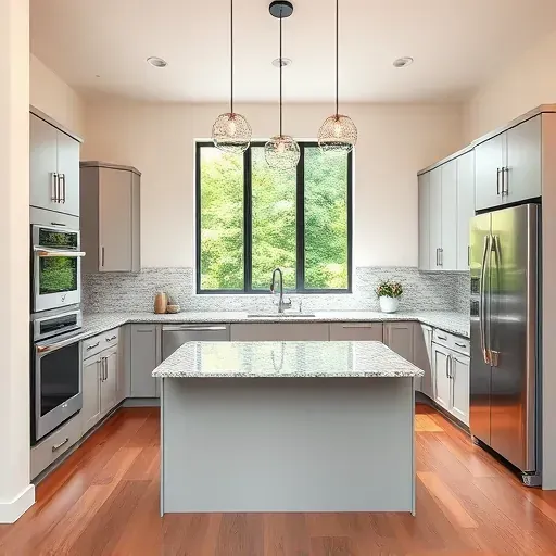 Recently remodeled modern kitchen in Riverdale Park MD with sleek matte cabinets, granite island, stainless steel appliances, hardwood floors, and natural light