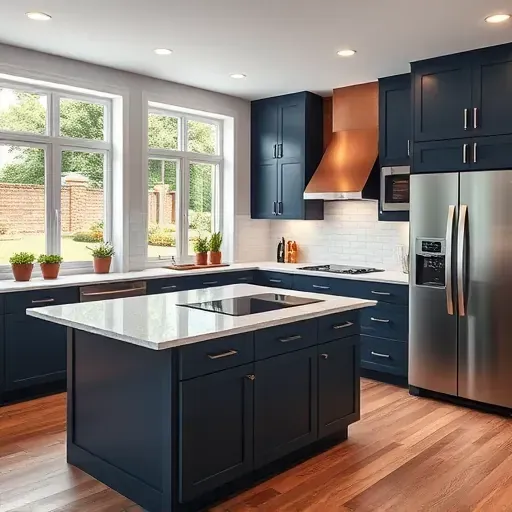 Remodeled Hanover MD kitchen with navy cabinetry, quartz countertops, white subway tile backsplash, hardwood floors, and large windows