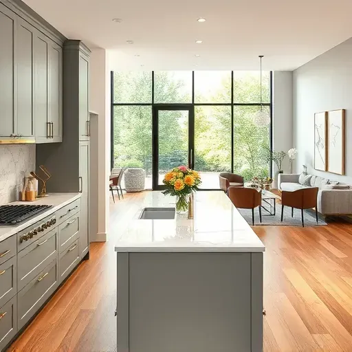 Sophisticated kitchen remodel in Bethesda MD featuring gray cabinetry, marble countertops, and an open layout with greenery.