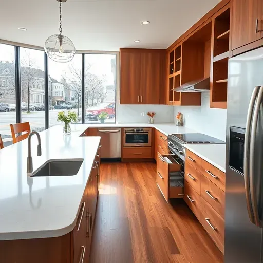 Remodeled Alexandria VA kitchen with quartz countertops stainless steel appliances warm wood cabinets and large windows with neighborhood view