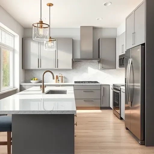 Modern Hyattsville kitchen remodel featuring sleek cabinetry, granite island, stainless steel appliances, and natural light.