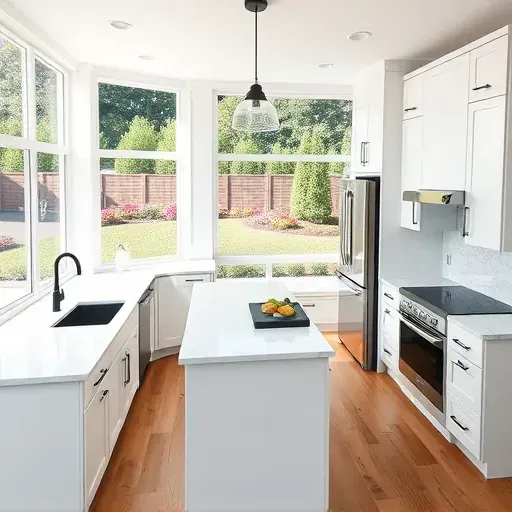 Recently remodeled Waldorf MD kitchen with quartz countertops, black fixtures, white cabinets, hardwood floors, and panoramic windows