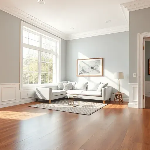 Freshly painted light gray interior room in Hyattsville MD with white crown molding natural light hardwood floors and modern decor