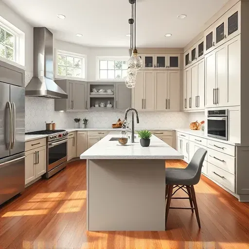 Remodeled Bowie MD kitchen with quartz countertops stainless steel appliances custom matte cabinets open layout natural light hardwood floor modern backsplash island herbs