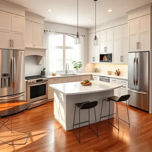 Remodeled Waldorf MD modern kitchen with matte cabinets stainless steel appliances quartz countertops and hardwood floors