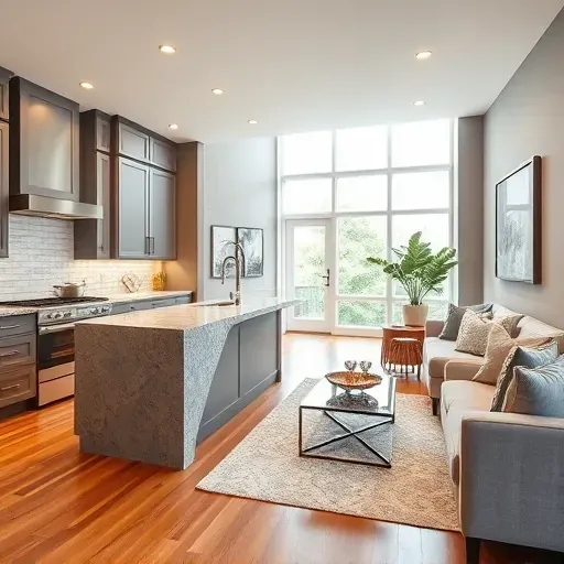 Modern kitchen remodel in Crofton MD with sleek cabinets, stainless steel appliances, granite island, and ambient lighting