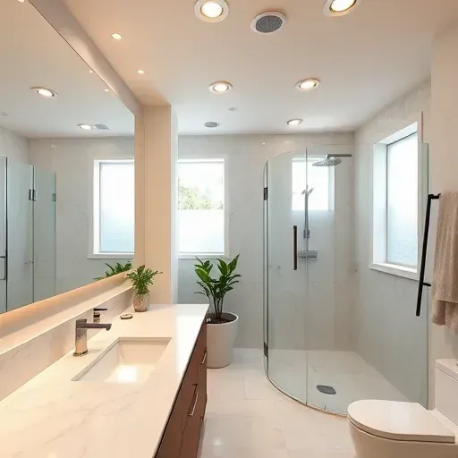 Recently upgraded modern bathroom in Hyattsville MD with LED recessed lighting, marble countertop, glass shower, and greenery