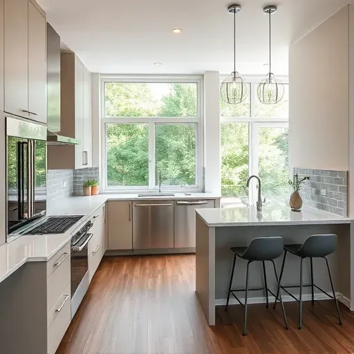 Remodeled Fairfax VA kitchen with matte modern cabinets, stainless steel appliances, quartz countertops, and large windows