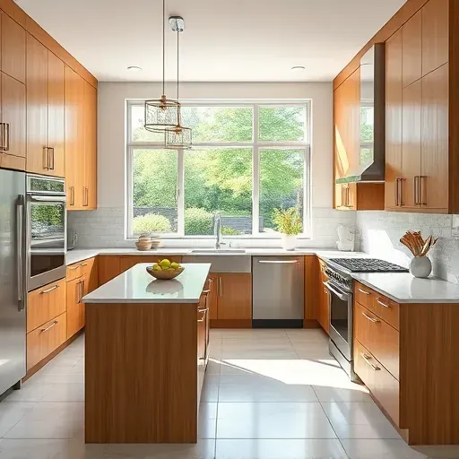 Renovated Hyattsville MD kitchen with modern wood cabinets stainless steel appliances marble island natural light lush backyard