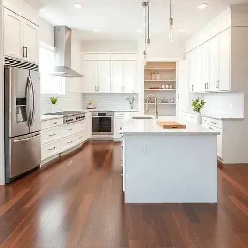 Modern kitchen remodel in Greenbelt MD with white cabinetry, quartz island, and natural light showcasing design excellence.