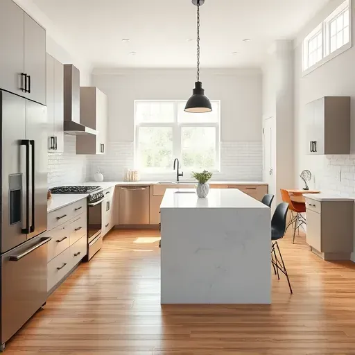 Recently remodeled kitchen in Waldorf MD features modern cabinetry, quartz countertops, stainless appliances, and a cozy nook.