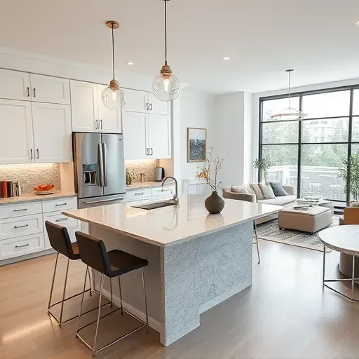 Modern Baltimore kitchen remodel featuring sleek white cabinetry, granite countertops, stainless appliances, and elegant lighting.