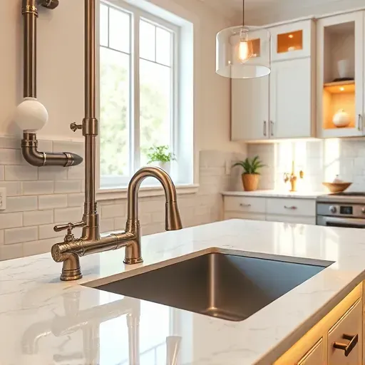 Completed modern kitchen plumbing with stainless steel pipes, sleek fixtures, farmhouse sink, quartz countertops, and elegant backsplash