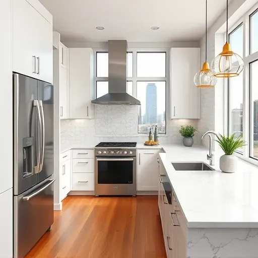 Freshly remodeled kitchen in Washington D.C. with sleek cabinetry, marble countertops, and city skyline views.