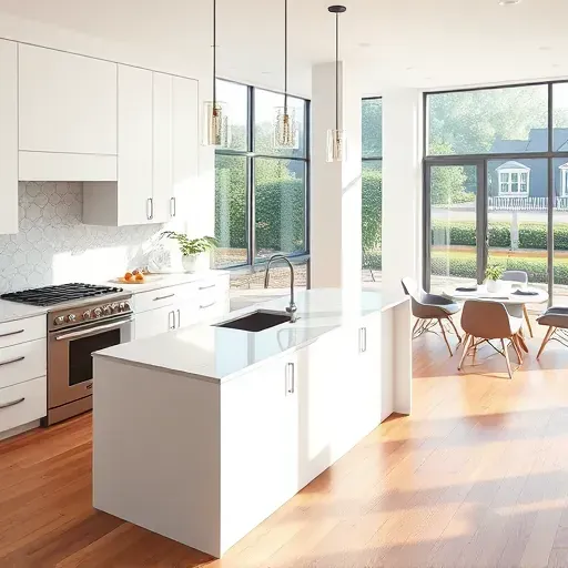 Renovated Arlington VA kitchen with matte white cabinets stainless steel appliances marble island hardwood floors spacious open layout with greenery view