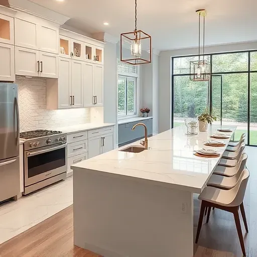 Modern kitchen remodel in Bethesda, featuring sleek cabinetry, quartz island, elegant lighting, and inviting design elements.