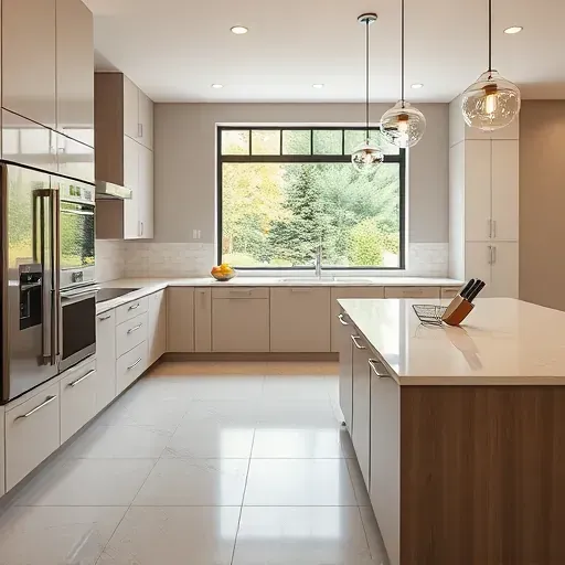 Recently remodeled Takoma Park kitchen with sleek matte cabinets, marble island, stainless appliances, pendant lighting, and garden view