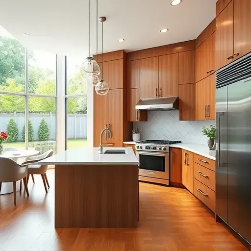 Renovated Baltimore kitchen with sleek wood cabinets stainless steel appliances marble island hardwood flooring and lush backyard view