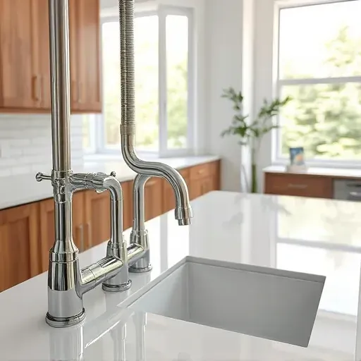 Finished kitchen plumbing with stainless steel pipes, modern fixtures, and a polished countertop in a bright, contemporary space