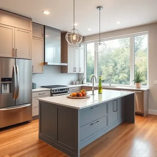 Completed kitchen remodel in Hyattsville MD featuring modern cabinetry, granite island, and elegant pendant lighting.