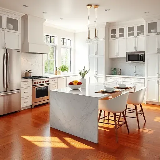 Modern kitchen remodel in Beltsville MD with sleek appliances, marble countertops, and elegant hardwood flooring.