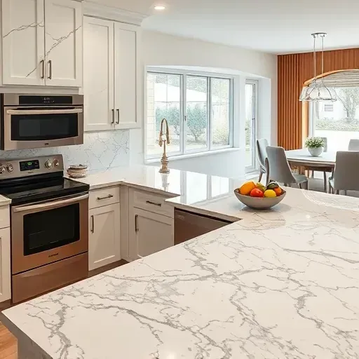 Recently installed gray, white, and black granite kitchen countertop in Hyattsville MD with modern appliances and marble backsplash